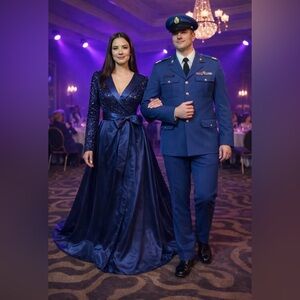 #556 Navy Blue Sequin Satin Evening Ball Gown-1X/Size 16W